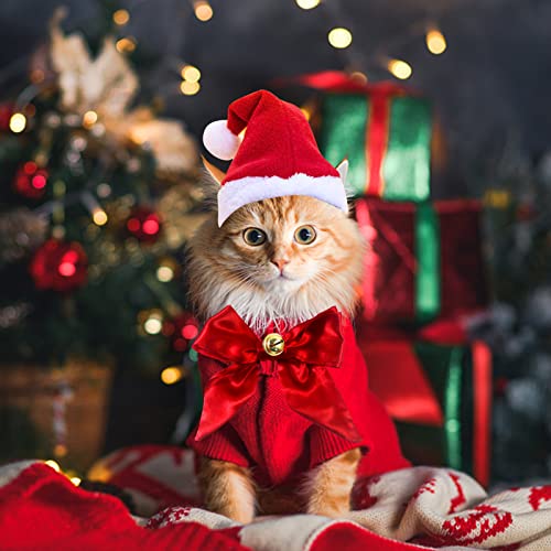 Hund Weihnachtsmütze, Weihnachtsmützen für Katzen, Haustier Weihnachten Kostüm Zubehör, Haustier Stirnband mit Haustier Krawatten und Glocken, Einstellbare Größe Haustier Hut für Katzen Hunde