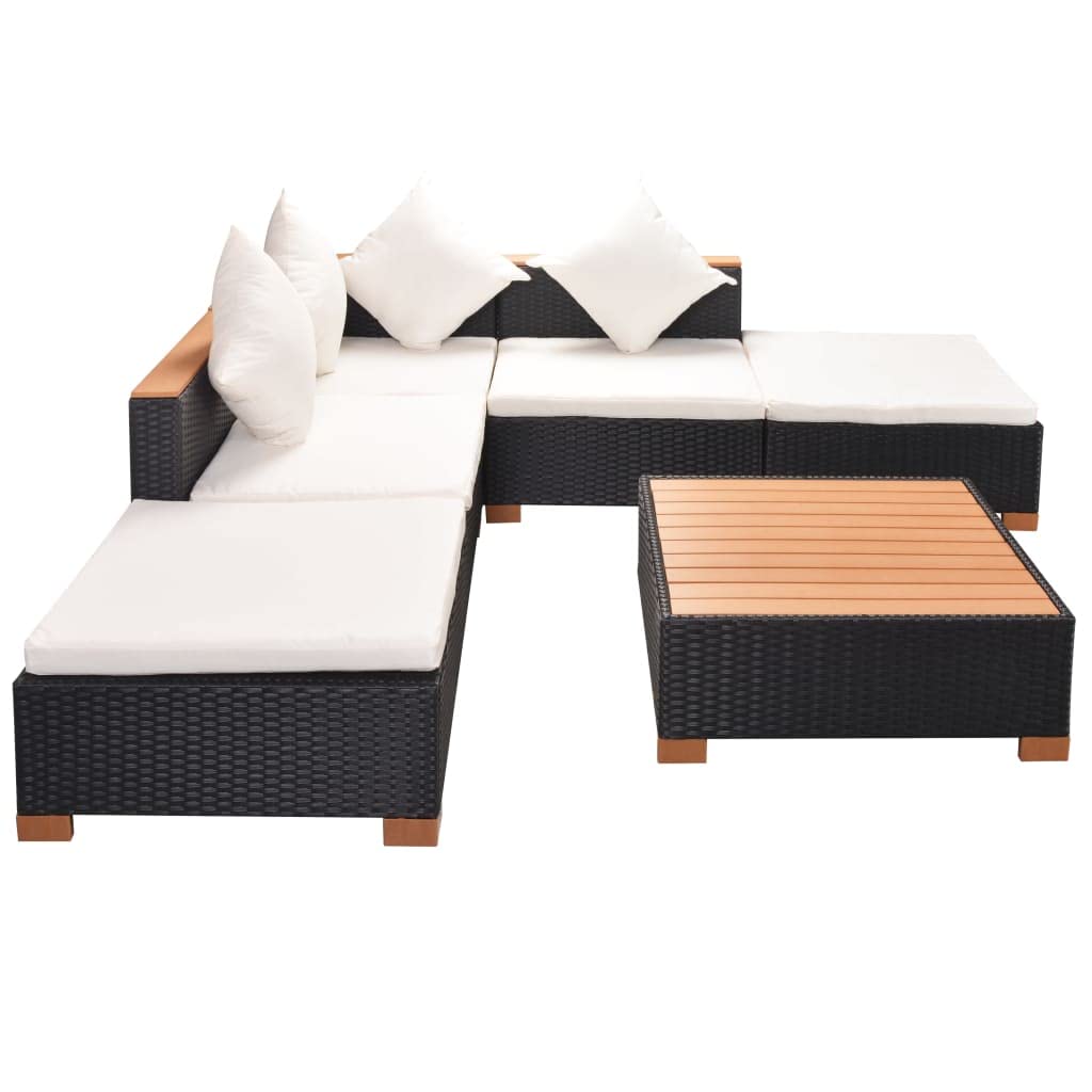Ensemble Salon de Jardin 6 Pieces canape rotin résine tressée Noir Coussins Blanc Creme mobilier Exterieur avec Table Basse WPC modulable Jardin terrasse
