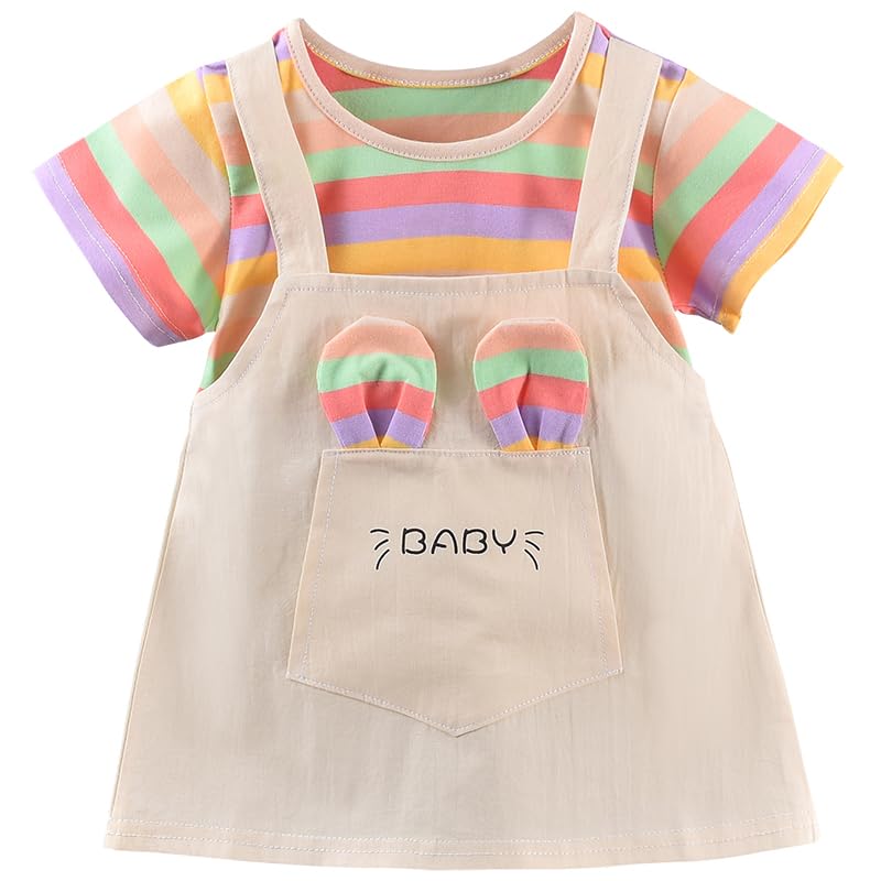 Girls Short Sleeve Dresses Summer Cotton Dress for Girl Cute Bunny & Rainbow Striped Original Casual Girl Outfits