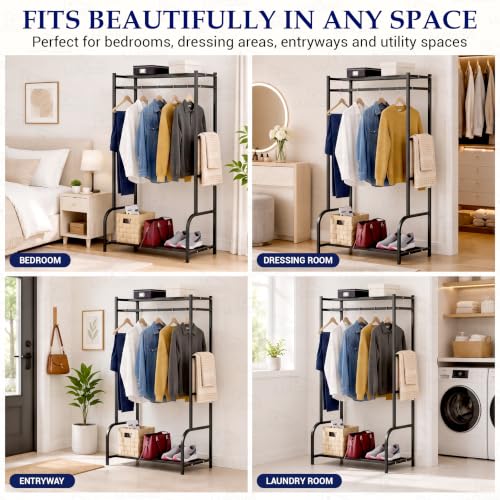 Image of Lukzer Metal Cloth Stand with Bottom Shelf | Freestanding Garment Stand for Hanging Clothes, Towels & Shoes | DIY Storage Organizer Rack for Bedroom, Laundry, Balcony & Entryway (Black /80x150x43 cm)