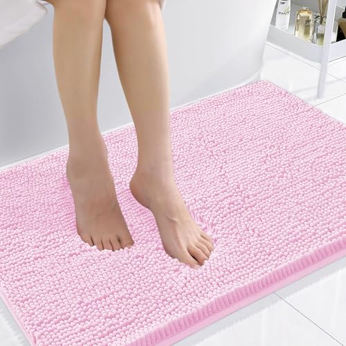 Smiry Luxury Chenille Bathroom Rugs 36x24, Extra Soft and Absorbent Shaggy Bath Mat, Machine Washable, Non-Slip Plush Carpet Runner for Tub, Shower, and Floor, Home Decor Accessories, Pink