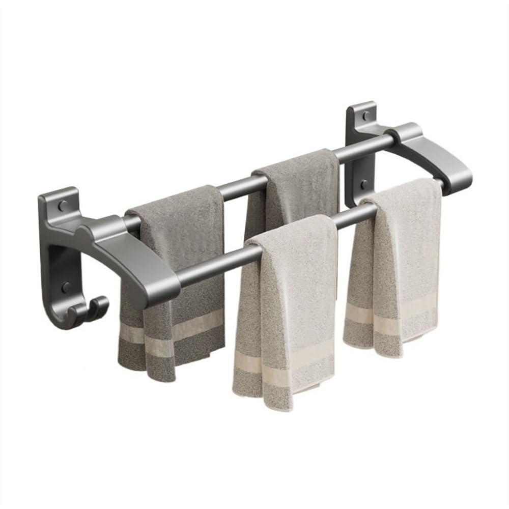 Towel Rack Bath Towel Bar No Drilling, Thicken Aluminum Hanger with 2 Hooks(Gun gray,40cm)