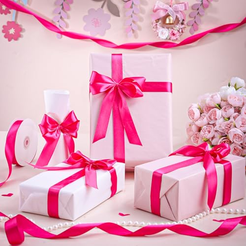 Image of woric Hot Pink Ribbon 1 Inch 50 Yards Pink Satin Ribbon for Wedding Decor Graduation Leis Hair Bows Crafts Baby Girl Shower Gift Wrapping Flower Bouquet Holiday Decorations