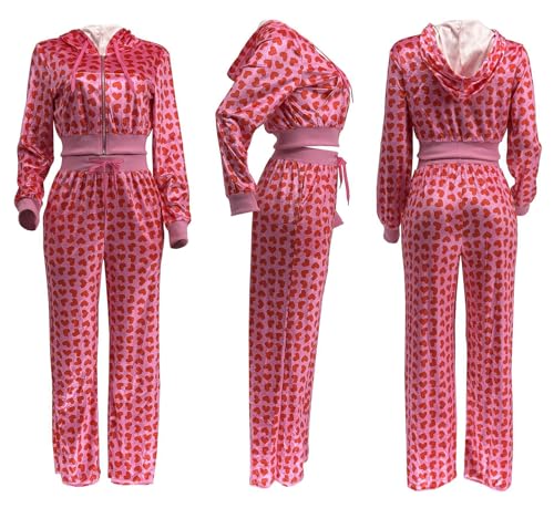 Recious Womens Sexy 2 Pieces Velvet Heart Printed Zipper Hooded Jackets Bodycon Pants Party Clubwear Tracksuit Outfits Set4