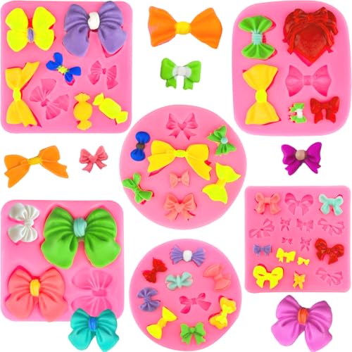 6Pcs Bow Molds for Chocolate, Mini Bows Silicone Fondant Molds Ribbon Shapes Candy Chocolate Mold Bowknot Sugar Cake Pop Butterfly Tie Craft Moulds for DIY Birthday Baby Shower Cake Decorating