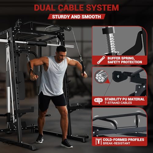Smith Machine, 2000LBS Squat Rack for Home Gym, Multi-Function Power Cage Cable Crossover System Strength Training Equipment, Lat Pulldown Machines with 8 Weight Storage Pin, T-Bar and More