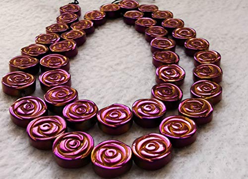 40pcs 10mm Natural Hematite Stone Purple-Gold-gunemtal-Titanium Rainbow Hematite Carved Rose Flower Beads 16" Strand