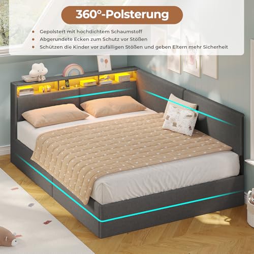 AOGLLATI Polsterbett Schlafsofa 140x200 mit USB-Steckdosen & hydraulischem Stauraum, Betten 140x200 mit LED-Kopfteil & Lattenrost, Kinderbett Tagesbett, Doppelbett, Leinen, Dunkelgrau (ohne Matratze)