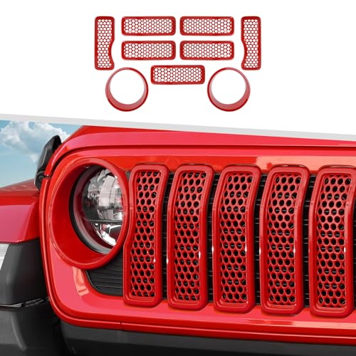 Image of 9PCS Headlight Cover & Front Grill Mesh Inserts Compatible with Jeep Wrangler JL JLU 2024-2025, NOT FIT JL Sport /Sport S (Red)