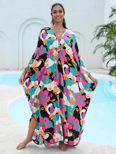 Image of IMAGEKOPE Women's Plus Size Animal Print V-Neck Batwing Kaftan Beach Dress Bathing Suit Cover-Up Loungewear