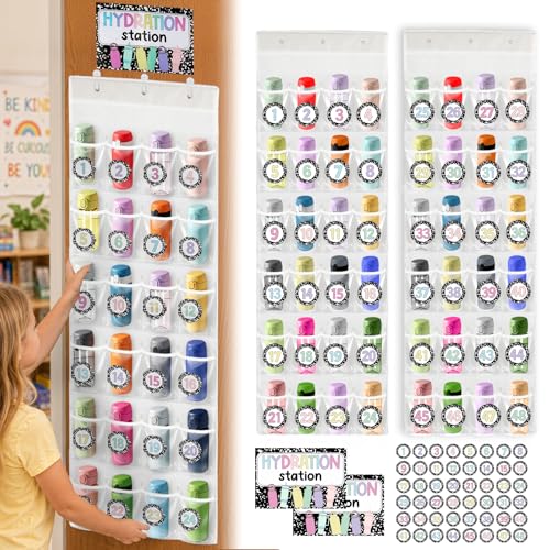 2 PCS Water Bottle Organizer for Classroom – 48 Pocket PVC Water Bottle Holder with Hydration Station Stickers,Over the Door Hanging Water Bottle Storage Foldable Wall Mounted Cup Holder for School