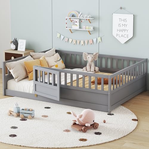 Image of Bellemave Full Size Kids Montessori Floor Bed,Solid Wood Floor Bed Frame with High Fence and Lockable Door for Kids,Girls,Boys,Full,Gray