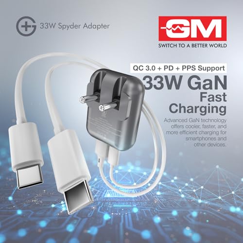 Image of GM G+ 33W Spyder GaN Charger | Foldable Indian Pin | Travel Friendly | Type-C & USB-A Port | Advanced Protection for iPhone, Samsung, Pixel Series, Tablets, MacBook M1 |1 Year Warranty- Electric Grey