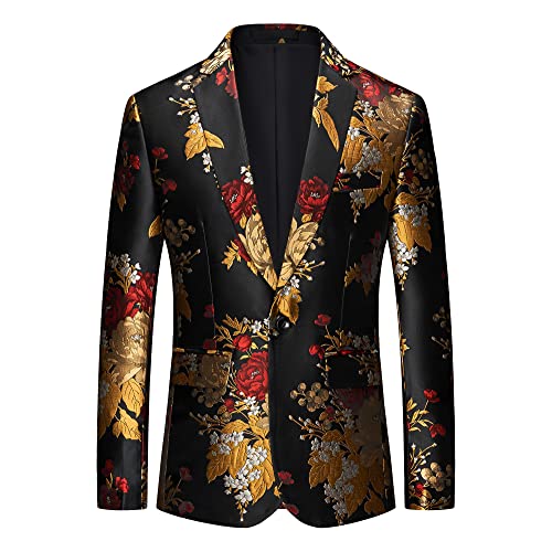 UNINUKOO Mens Floral Tuxedo Suit Jacket Casual Dress Party Flower Pattern Blazer for Men US Size 44 Black Gold