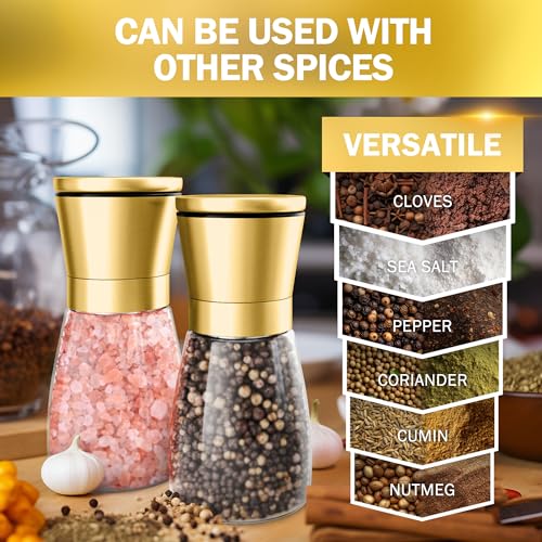 Image of Home EC Original Gold Salt and Pepper Grinder Set of 2 - Adjustable Ceramic Grinder - Glass Salt and Pepper Shakers With Funnel and Ebook - Kitchen Spice Mill - Gold Kitchen Accessories
