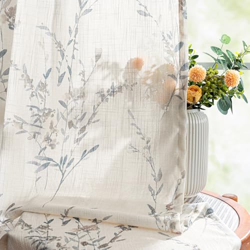 Image of MYSKY HOME Flax Linen Sheer Curtains 45 Inch Length 2 Panels Navy Blue