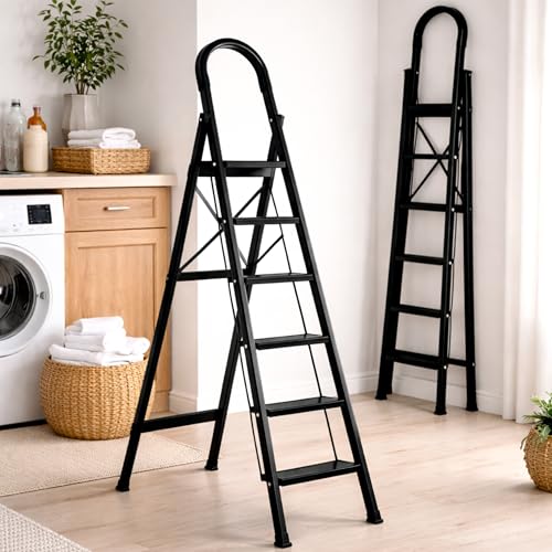 JIALTO 6 Step Ladder with Handrail for Home, Folding Steel Step S...