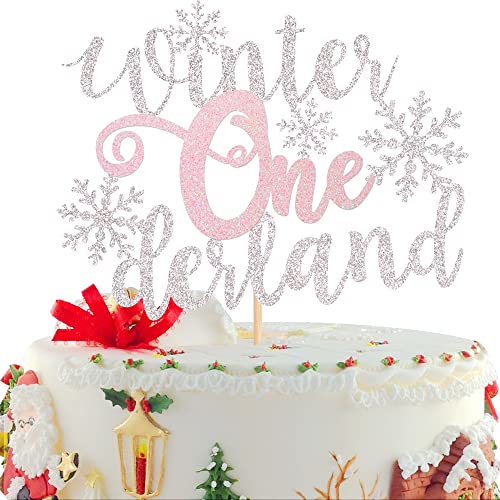 1 PCS Winter Onederland Cake Topper with Glitter Snowflake One 1st Birthday Party Cake Pick Decorations for Winter Snowflake Theme Baby Shower Kids First Birthday Party Supplies