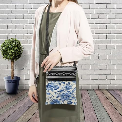 Blue White Porcelain Messenger Bag Small Ethnic Pattern Printed Adjustable Strap Crossbody Zipper Bag Blue White Porcelain Phone Bag Wallet Cute Shoulder Handbag for Women - 33