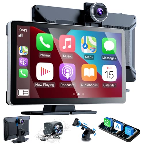 Radio de 9 Pulgadas con Apple Car Play y Android Auto, Reproductor portátil táctil inalámbrico con Control de Voz, cámara Dual 4K Frontal y Trasera 1080p (9 Pulgadas + 2 cámaras)
