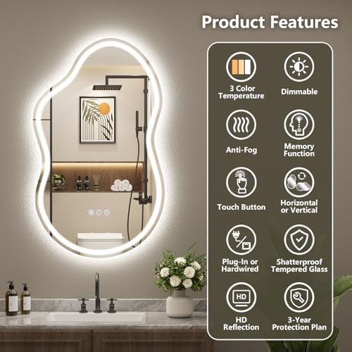 Image of 20x36 Irregular LED Bathroom Mirror with Lights, Backlit + Front Lit, Anit-Fog, Dimmable, Asymmetrical Cloud Lighted Bathroom Vanity Mirrors for Wall, 3-Color Light, Memory, HD Tempered Glass