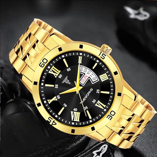 Image of TIMEWORKS Stainless Steel Designer Golden Round Shape Day & Date Dial Men's & Boy's Analog Watch, Band Color:Gold