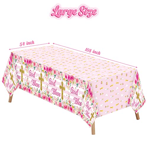Image of Baby Girl Baptism Tablecloths - 3-Packs Pink Newborn Baby Girl Baptism Party Tablecovers Decor Flower Disposable Plastic Waterproof Rectangle Tablecloths God Bless First Communion Table Cover