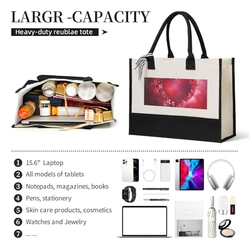 Canvas Tote Bag for Women Beach Tote Purse Reusable Grocery Bag Valentine Day Heart Flower Aesthetic Shopping Bags4