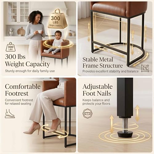 Image of HNY Modern Barrel Counter Height Bar Stools Set of 3, 24 Inch Kitchen Bar Stools with Back, PU Leather Barstools Bar Height for Island with Black Metal Tubular Frame, Brown