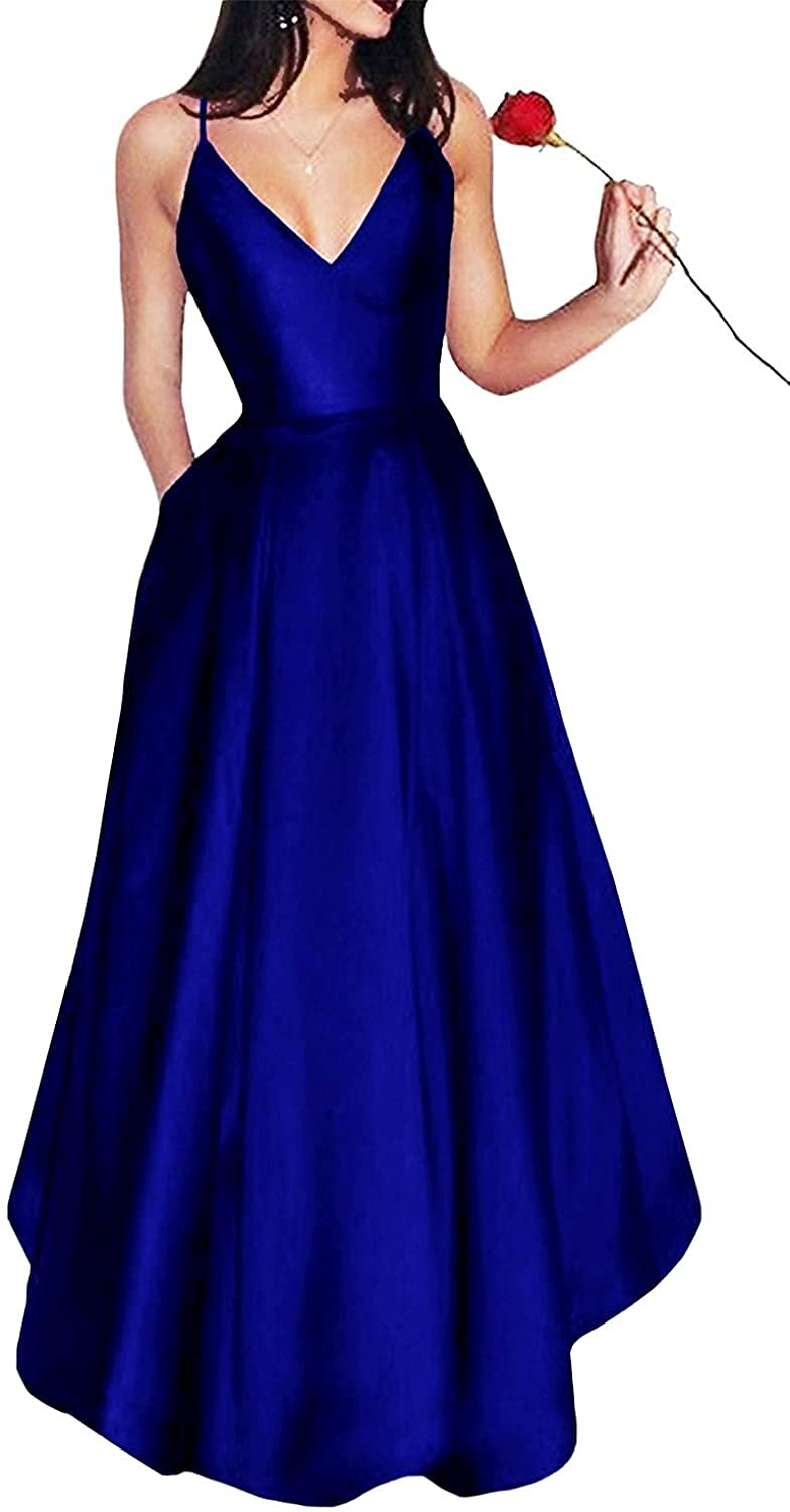 Long Spaghetti Straps V-Neck Satin A-line Prom Dress with Pockets
