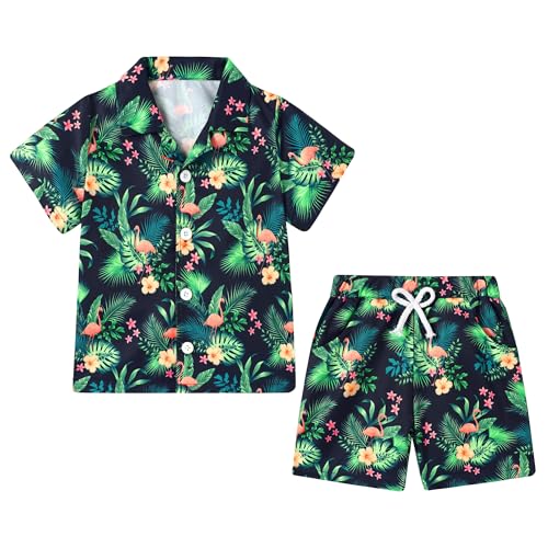 YUEMION Boys Hawaiian Outfit 2Pcs Set Summer Beach Button-Down Shirt Top + Shorts for Kids(Navy blue - flamingo 5-6 Years)