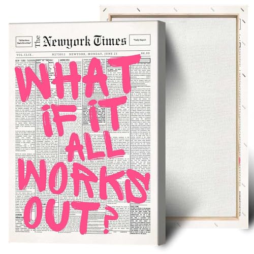 Image of Drimiler Retro Newspaper Pink Font Poster What If It All Works Out Canvas Wall Art Positive Affirming Quote Minimalist Prints Painting For Home Bedroom Dorm Wall Decor 12x16in Wframed