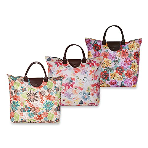 Image of NFI essentials Handy Fold Up Shopping Bag Pack of 3 Foldable Shopping Handbag Travel Bag Women Shoulder Waterproof Carry Bag, Zip Top Folding Tote