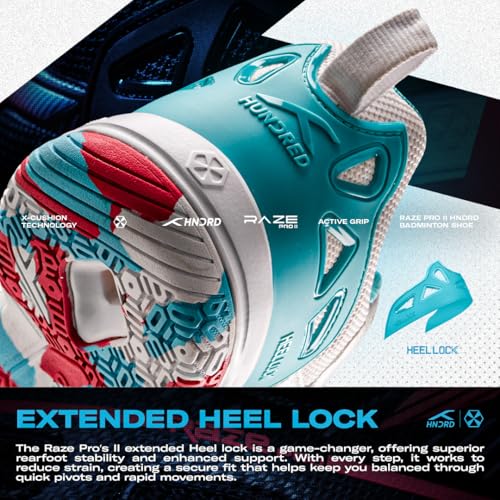 Image of Hundred Raze Pro II Badminton Shoes (Non Marking) Indoor Sports | Lightweight & Durable | X-Cushion | Active Grip Sole | Extended Heel Lock (White /Turquoise /Red ; UK 8)
