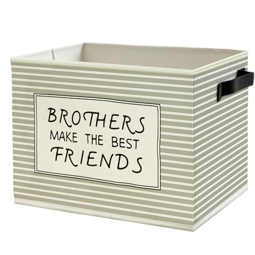 Image of Boy Nursery Storage Bins Box with Handles, Brothers Make the Best Friends Neutral Striped Collapsible Basket Organizer for Kids Boys Room Bedroom Playroom Bathroom Books Clothes