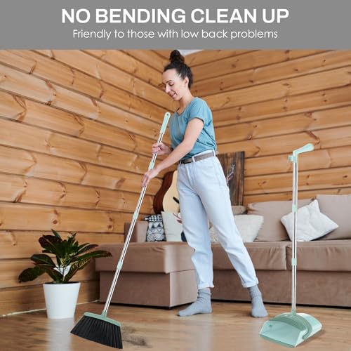 Image of Broom and Dustpan Set for Home, 51-in Long Adjustable Handle Angle Broom and Dustpan Combo Set with Dust Pan Teeth to Clean Hair for Home Kitchen Office Lobby Floor Garden, Green