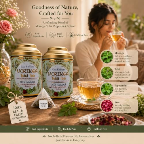 Image of Sancha Tea Boutique, Moringa Tulsi Tea, Caffeine Free Herbal Tisane, 25 Pyramid Bags, Hebal Tisane for Energy (Pack of 2)