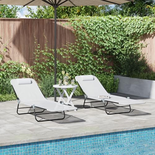 JHQHSM Tumbonas plegables de 2 piezas con reposacabezas, color crema, textileno, tumbonas de jardín plegables con respaldo ajustable, marco de acero resistente para terraza y balcón