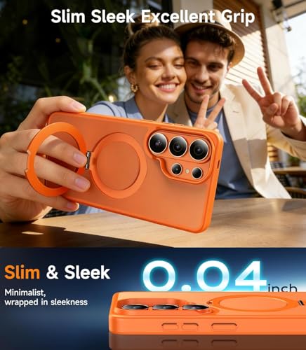 Image of DIZORO Polycarbonate Magnetic Ostand Ring Case, Compatible with Samsung Galaxy S26 Ultra Case Compatible with Wireless Charging,Military Grade Drop Tested,Translucent Hard Back Soft Edge (Orange)