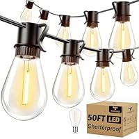 Torkase 50FT Outdoor String Lights LED, S14 Shatterproof Bulbs (15+1), Waterproof Dimmable Patio Lights for Backyard, Porch, Garden - Connectable Commercial Grade