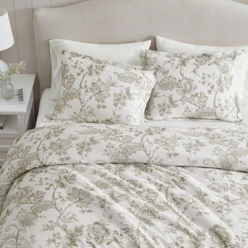 Image of Martha Stewart - King Comforter Set, Smooth Sateen Front with Subtle Sheen & Lightweight Cotton Percale Reverse, 3 Piece Bed Set with Matching Pillowcases (Avery Floral Grey)