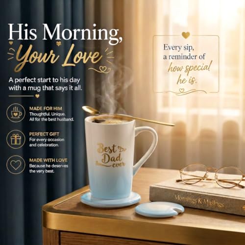 Image of ZAICUS Best Dad Ever Coffee Mug with Lid & Spoon, Ceramic Gift for Father | Suitable for Hot & Cold Beverages | Ceramic Mug | Elegant White & Blue Gradient Finish
