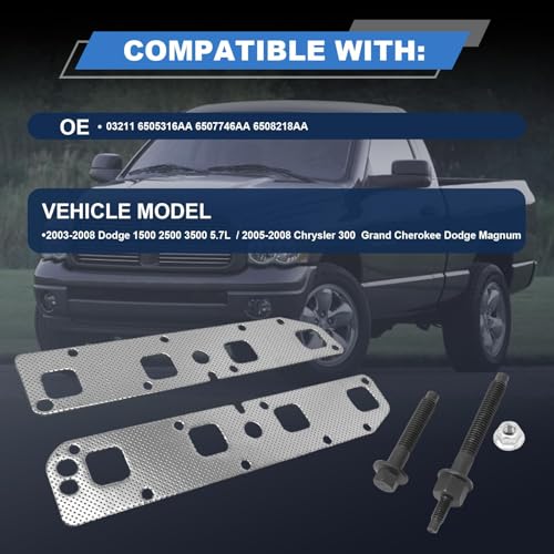 Image of Exhaust Manifold Gasket Repair Set Fits 2003-2008 Ram 1500 2500 3500 5.7L | Chry.sler Dod.ge R.am 5.7L V8 Engines, With Bolts Studs and Nuts, Front Left and Right side