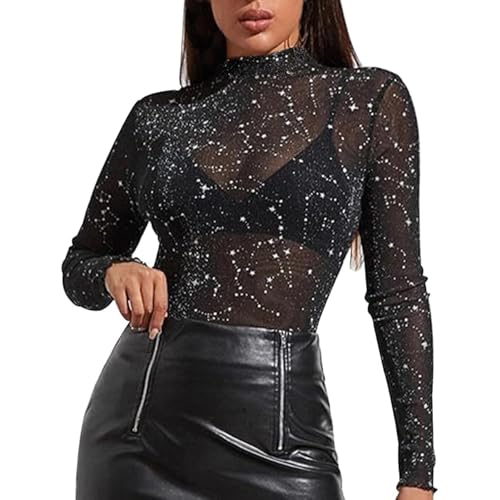 Parte superior brillante para mujer, malla transparente, transparente, con estrellas, para carnaval, sexy, blusa de manga larga, blusa de malla, blusa de tul, fiesta, clubwear, O negro., XXL