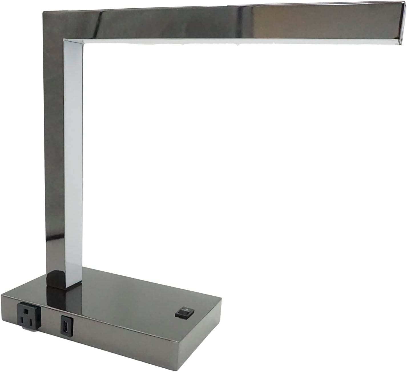 S H Lighting L-Shape LED Desk Lamp, with USB Port + Power Outlet, 14" H (Black Gunmetal)