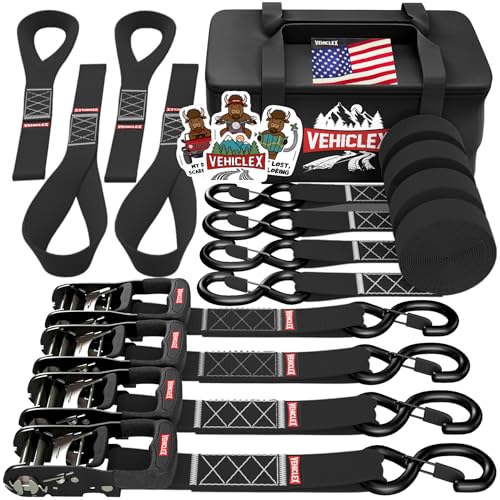 Image of Vehiclex 1.5 inch x 8' Motorcycle Ratchet Tie Down Straps, 4 Pack, Black | 4,400 lbs Break Strength, Full Bend S Hooks with Safety Clips, Soft Loops, for Powersports