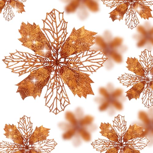 Wironlst 16 Pcs Glitter Poinsettia Flowers Artificial - Christmas Gold Poinsettia Decorations Tree Flowers Ornaments for Xmas/Holiday/Seasonal/Wedding Decor (Orange)