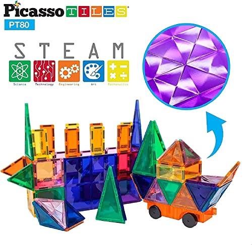 Picassotiles 80 Piece Magnetic Building Block Construction Toy Set Diamond Magnet Tile Blocks With Car Truck Stem Learning Kit Early Education Builder Playset Toys For Children Toddler Boy Girl Age 3+ #TOP6