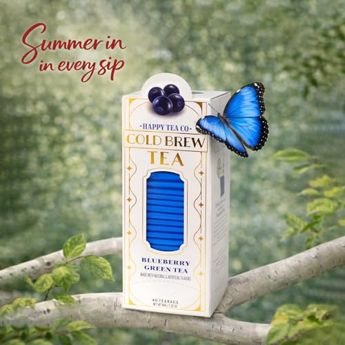 Image of Life Plus Style Gourmet Happy Tea Company Blueberry Green Tea Naturally Refreshing Cold Brew Tea Low Caffeine No Sugar Added Enjoy 40 Individually Wrapped Iced Tea Bags
