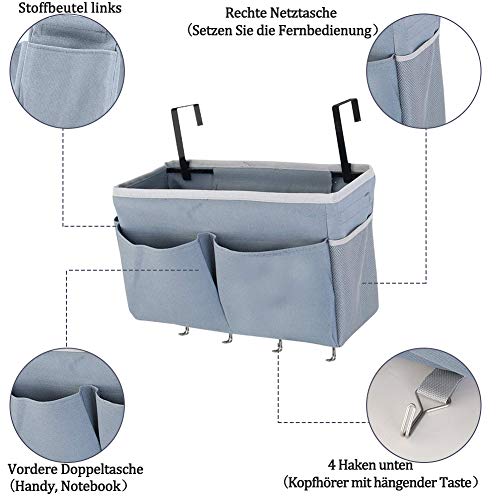 Whchiy Betttasche Bett Organizer Hängetasche Mit 4 Haken Hochbett Aufbewahrungstasche für Buch, Magazin, Spielzeug, Handy, Kopfhörer (Grau) - Image 6